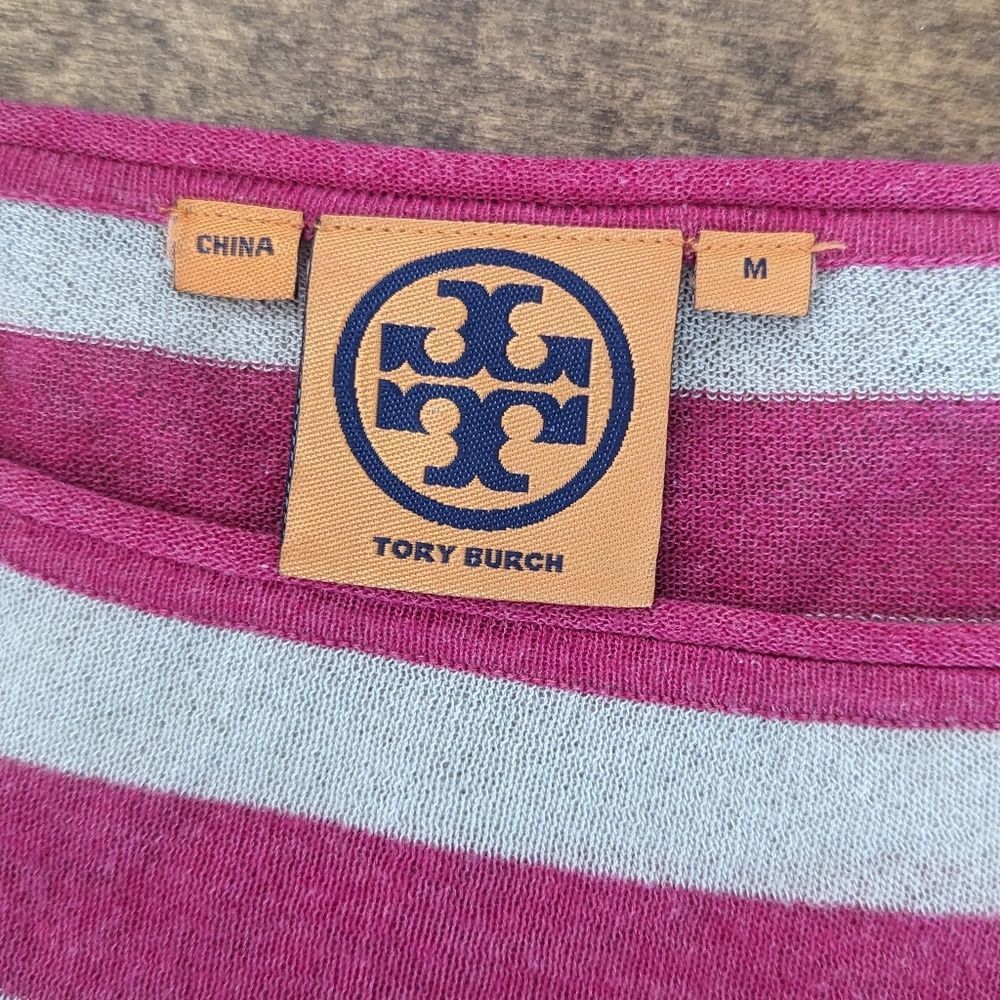 Sheer Tory Burch pink stripe sweater M - Picture 3 of 9
